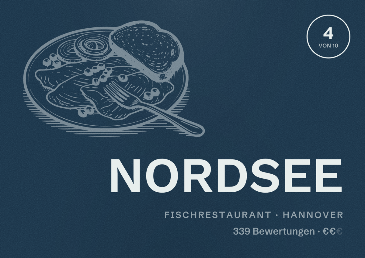 Illustriertes Poster von NORDSEE, Fischrestaurant in Hannover: Bewertung 4,0 von 10 aus 339 Bewertungen, Preisniveau €€