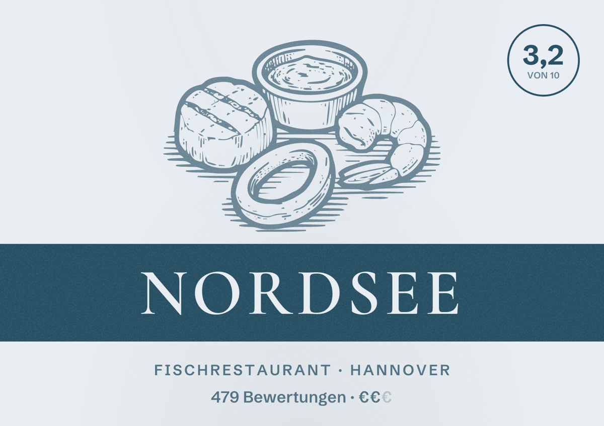Illustriertes Poster von NORDSEE, Fischrestaurant in Hannover: Bewertung 3,2 von 10 aus 479 Bewertungen, Preisniveau €€
