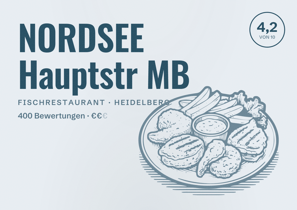 Illustriertes Poster von NORDSEE Hauptstr MB, Fischrestaurant in Heidelberg: Bewertung 4,2 von 10 aus 400 Bewertungen, Preisniveau €€