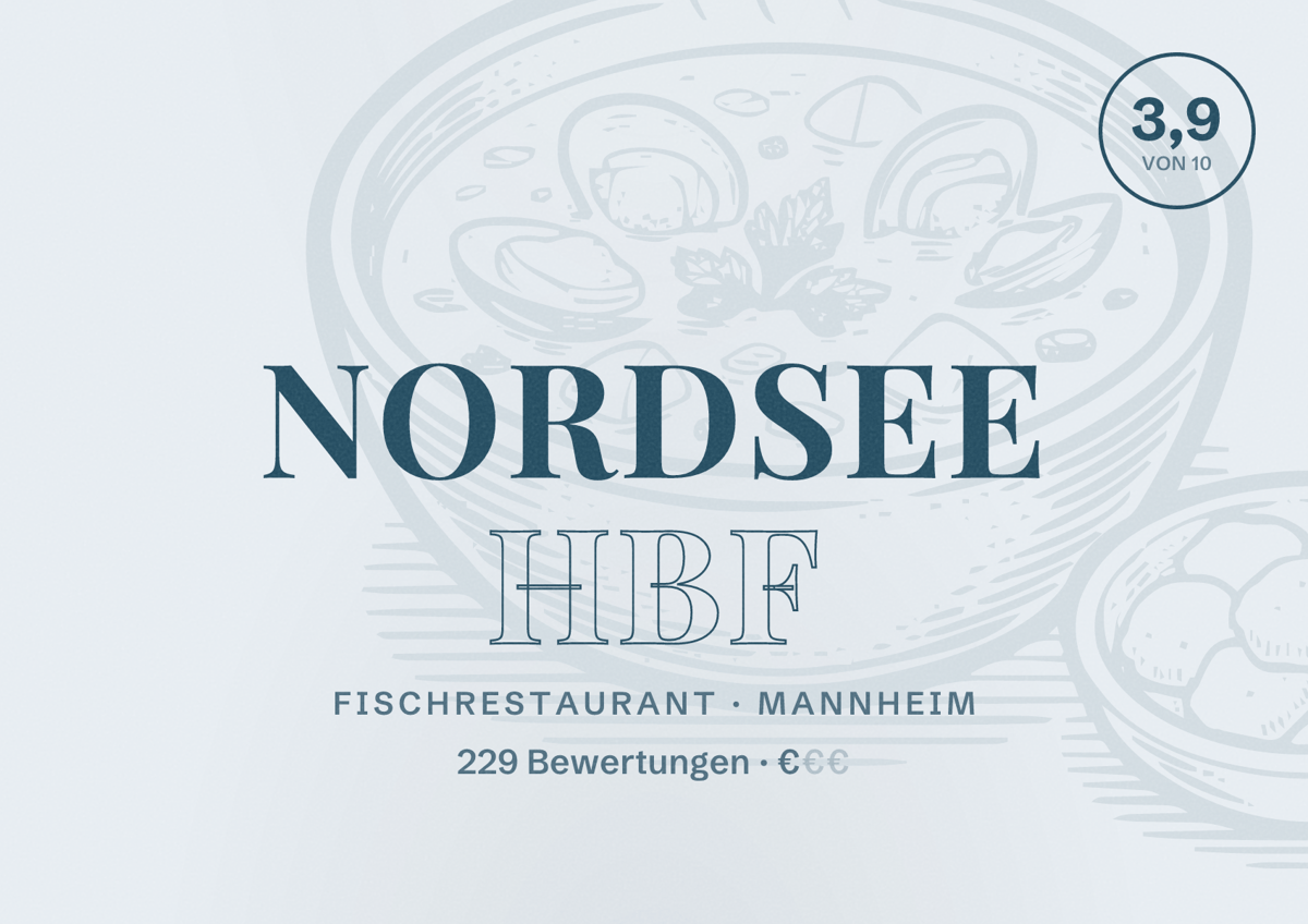 Illustriertes Poster von NORDSEE Hbf, Fischrestaurant in Mannheim: Bewertung 3,9 von 10 aus 229 Bewertungen, Preisniveau €
