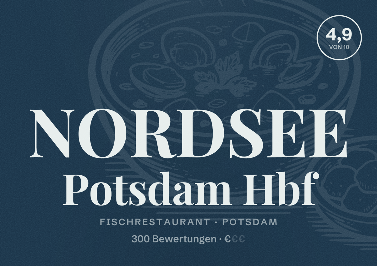 Illustriertes Poster von NORDSEE Potsdam Hbf, Fischrestaurant in Potsdam: Bewertung 4,9 von 10 aus 300 Bewertungen, Preisniveau €