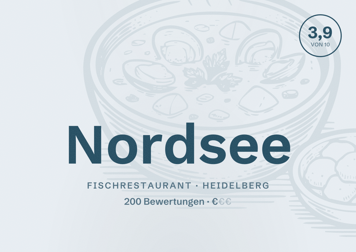 Illustriertes Poster von Nordsee, Fischrestaurant in Heidelberg: Bewertung 3,9 von 10 aus 200 Bewertungen, Preisniveau €