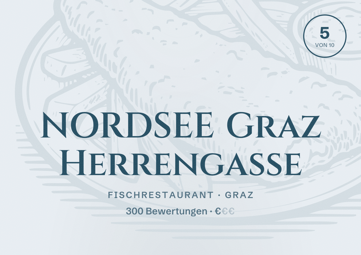 Illustriertes Poster von NORDSEE Graz Herrengasse, Fischrestaurant in Graz: Bewertung 5 von 10 aus 300 Bewertungen, Preisniveau €