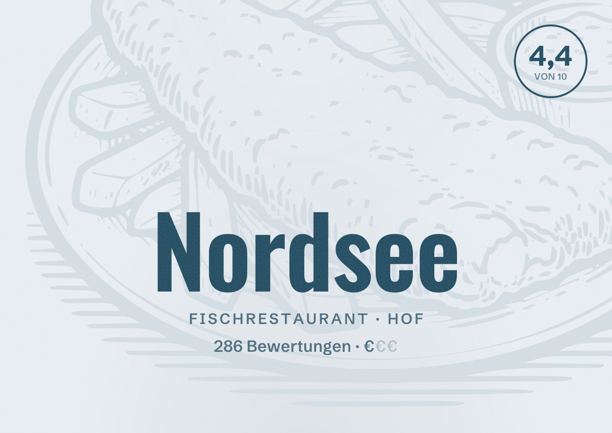 Illustriertes Poster von Nordsee, Fischrestaurant in Hof: Bewertung 4,4 von 10 aus 286 Bewertungen, Preisniveau €