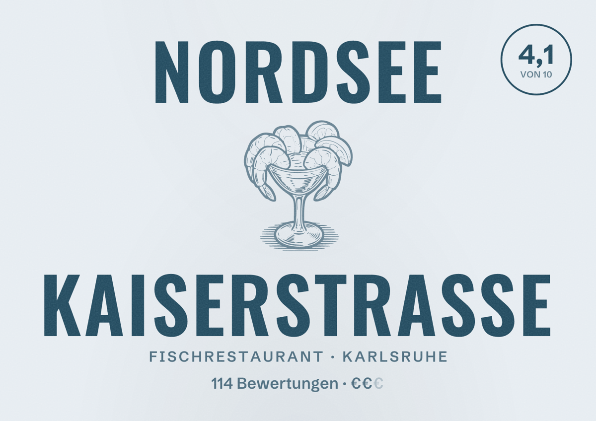 Illustriertes Poster von NORDSEE Kaiserstraße, Fischrestaurant in Karlsruhe: Bewertung 4,1 von 10 aus 114 Bewertungen, Preisniveau €€