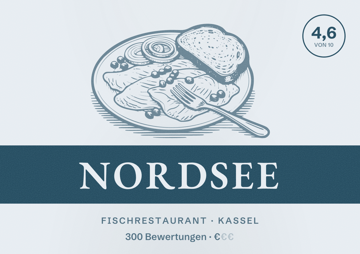 Illustriertes Poster von NORDSEE, Fischrestaurant in Kassel: Bewertung 4,6 von 10 aus 300 Bewertungen, Preisniveau €