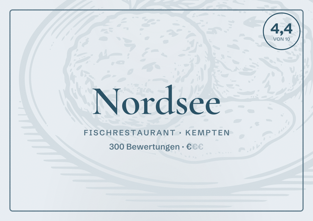 Illustriertes Poster von Nordsee, Fischrestaurant in Kempten: Bewertung 4,4 von 10 aus 300 Bewertungen, Preisniveau €