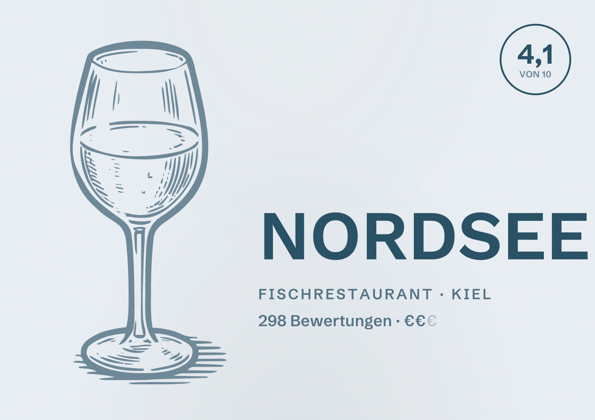 Illustriertes Poster von NORDSEE, Fischrestaurant in Kiel: Bewertung 4,1 von 10 aus 298 Bewertungen, Preisniveau €€