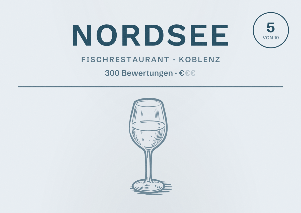 Illustriertes Poster von NORDSEE, Fischrestaurant in Koblenz: Bewertung 5 von 10 aus 300 Bewertungen, Preisniveau €