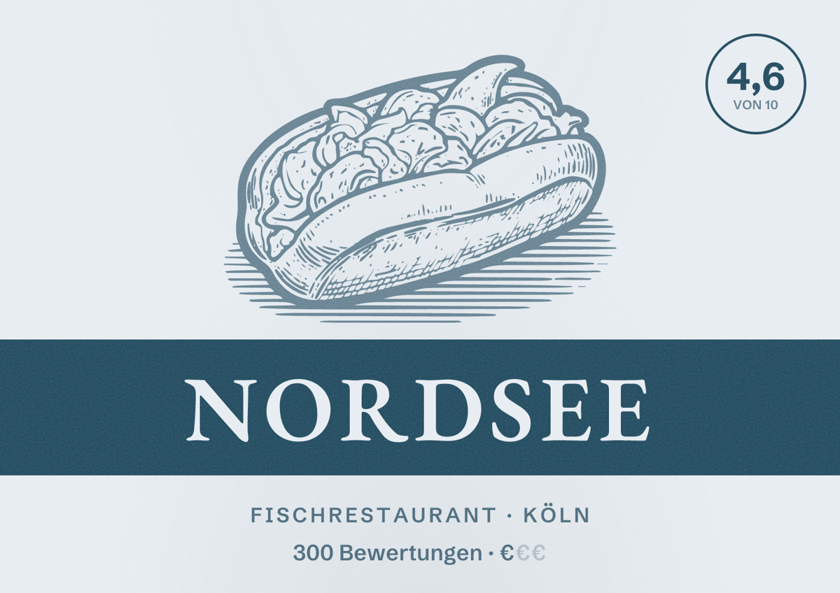 Illustriertes Poster von NORDSEE, Fischrestaurant in Köln: Bewertung 4,6 von 10 aus 300 Bewertungen, Preisniveau €
