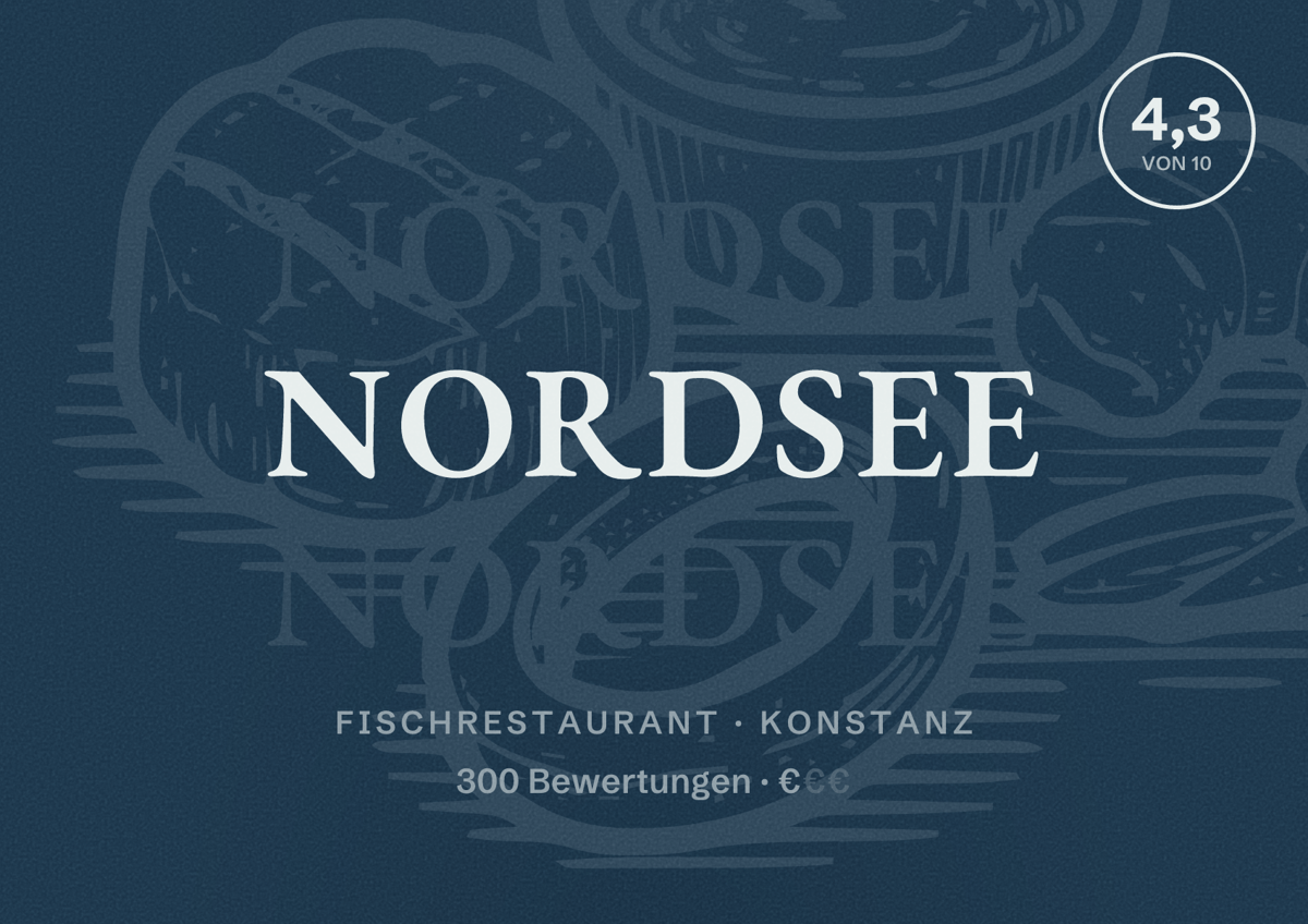 Illustriertes Poster von Nordsee, Fischrestaurant in Konstanz: Bewertung 4,3 von 10 aus 300 Bewertungen, Preisniveau €