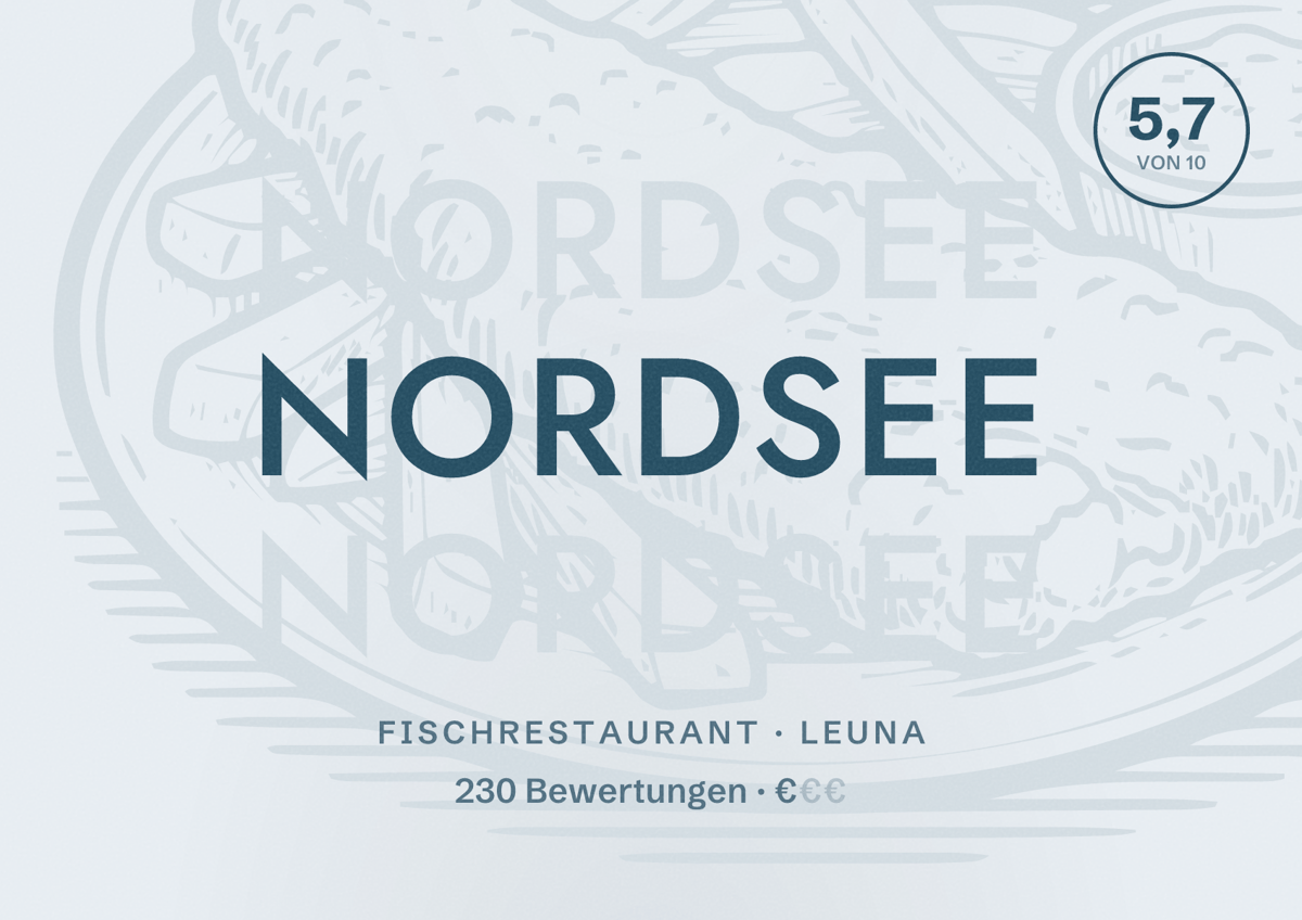 Illustriertes Poster von NORDSEE, Fischrestaurant in Leuna: Bewertung 5,7 von 10 aus 230 Bewertungen, Preisniveau €