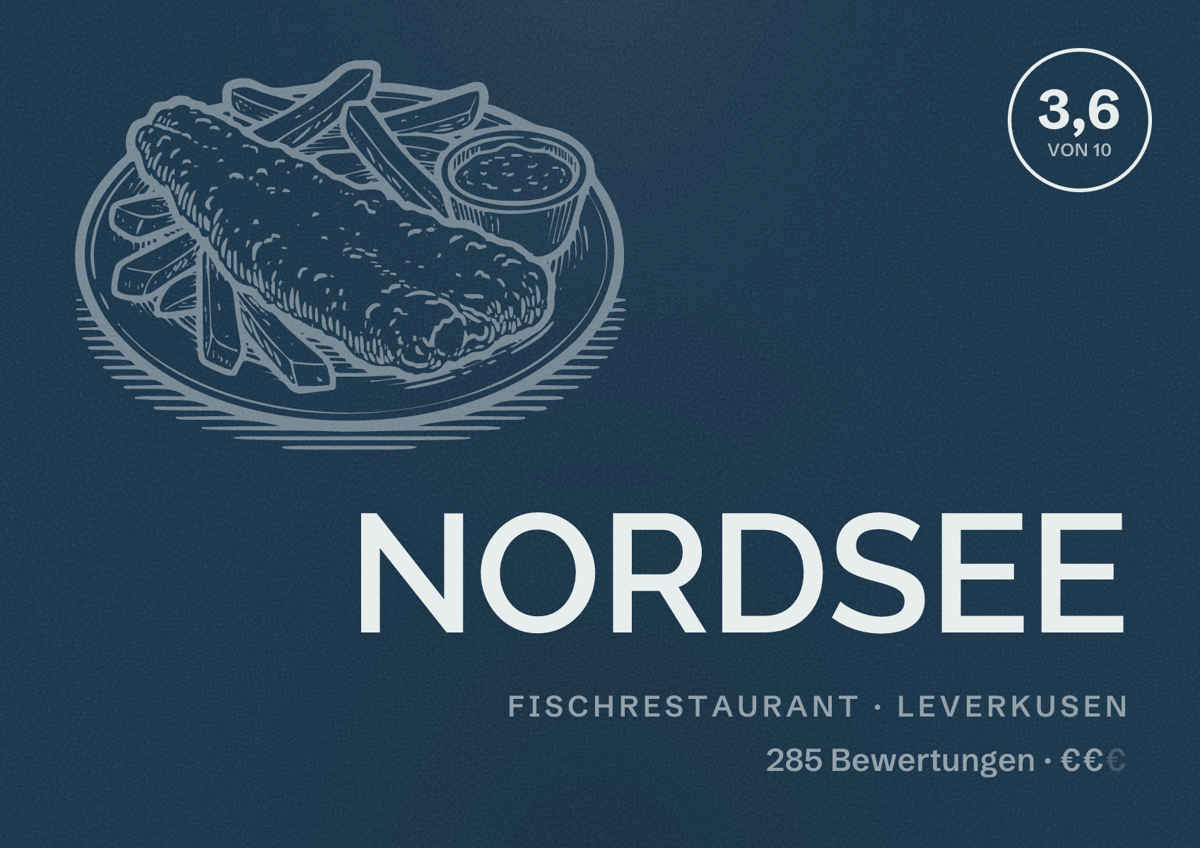 Illustriertes Poster von NORDSEE, Fischrestaurant in Leverkusen: Bewertung 3,6 von 10 aus 285 Bewertungen, Preisniveau €€