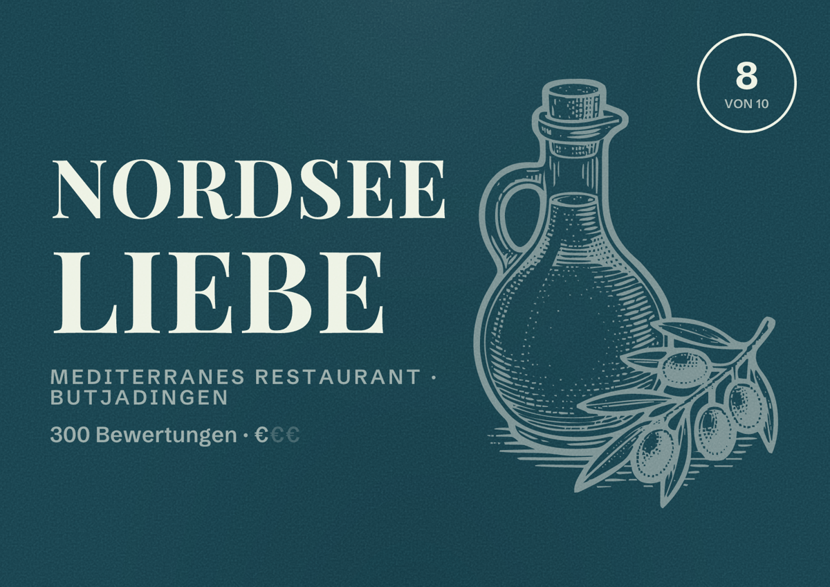 Illustriertes Poster von Nordsee Liebe, Mediterranes Restaurant in Butjadingen: Bewertung 8 von 10 aus 300 Bewertungen, Preisniveau €