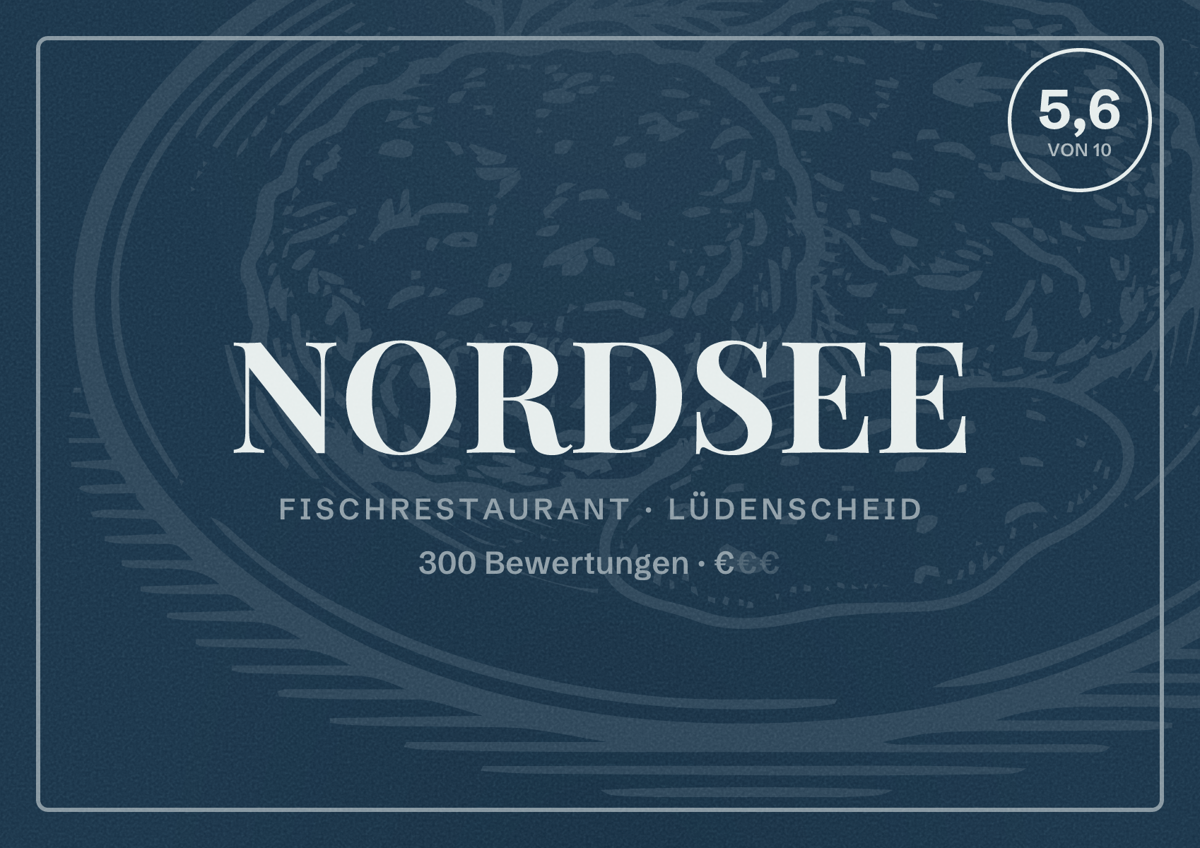 Illustriertes Poster von NORDSEE, Fischrestaurant in Lüdenscheid: Bewertung 5,6 von 10 aus 300 Bewertungen, Preisniveau €
