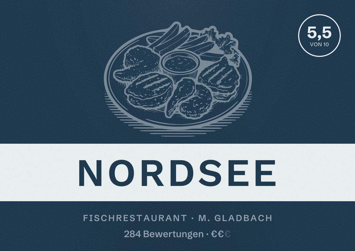 Illustriertes Poster von NORDSEE, Fischrestaurant in M. Gladbach: Bewertung 5,5 von 10 aus 284 Bewertungen, Preisniveau €€