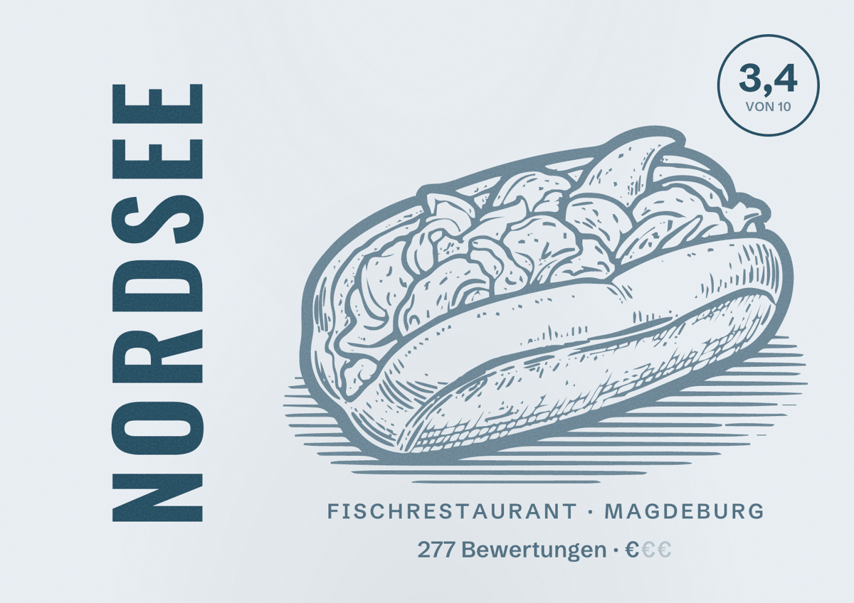 Illustriertes Poster von NORDSEE, Fischrestaurant in Magdeburg: Bewertung 3,4 von 10 aus 277 Bewertungen, Preisniveau €