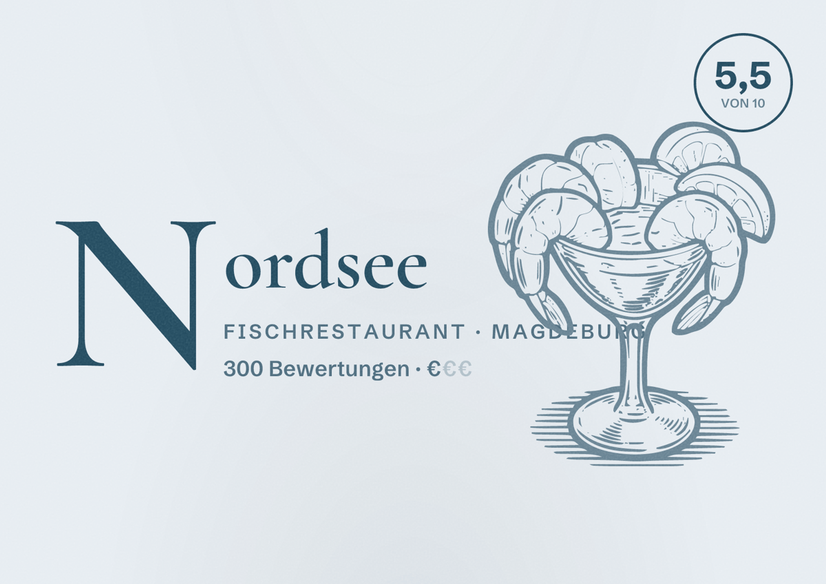 Illustriertes Poster von Nordsee, Fischrestaurant in Magdeburg: Bewertung 5,5 von 10 aus 300 Bewertungen, Preisniveau €