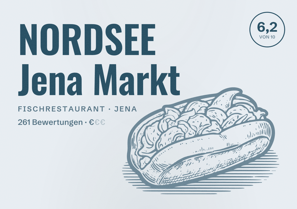 Illustriertes Poster von NORDSEE Jena Markt, Fischrestaurant in Jena: Bewertung 6,2 von 10 aus 261 Bewertungen, Preisniveau €