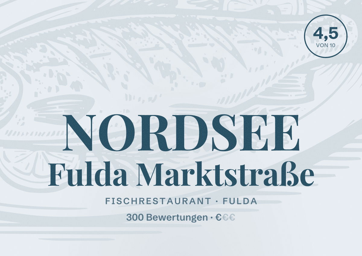 Illustriertes Poster von NORDSEE Fulda Marktstraße, Fischrestaurant in Fulda: Bewertung 4,5 von 10 aus 300 Bewertungen, Preisniveau €