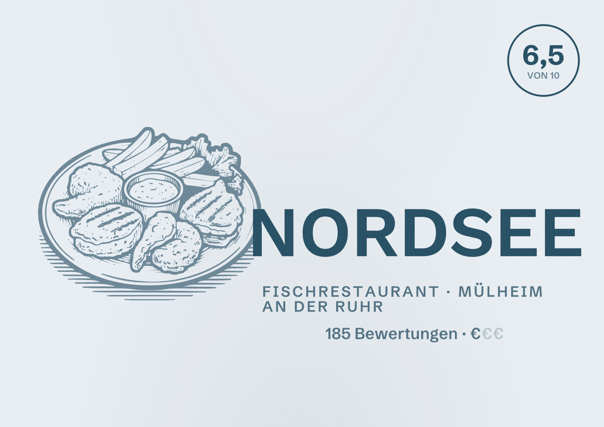 Illustriertes Poster von NORDSEE, Fischrestaurant in Mülheim an der Ruhr: Bewertung 6,5 von 10 aus 185 Bewertungen, Preisniveau €