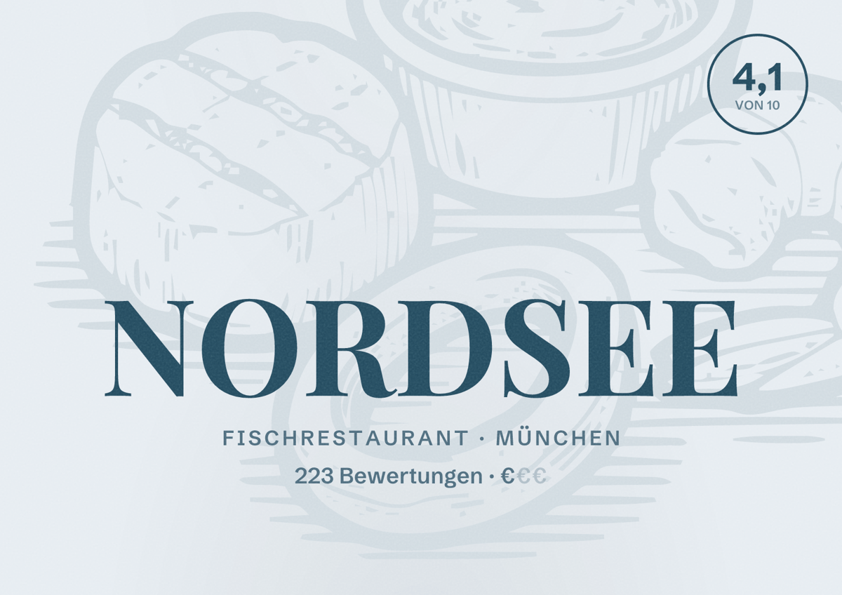 Illustriertes Poster von NORDSEE, Fischrestaurant in München: Bewertung 4,1 von 10 aus 223 Bewertungen, Preisniveau €