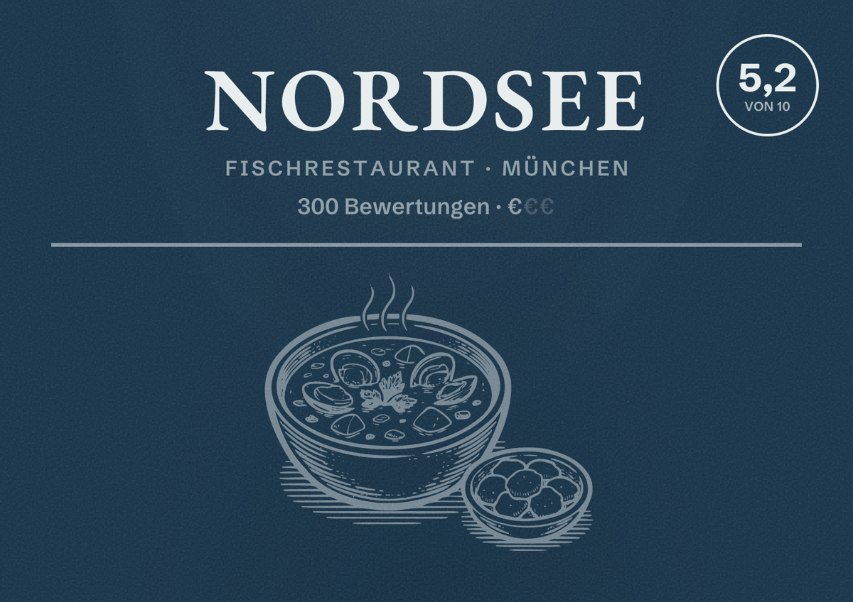 Illustriertes Poster von NORDSEE, Fischrestaurant in München: Bewertung 5,2 von 10 aus 300 Bewertungen, Preisniveau €