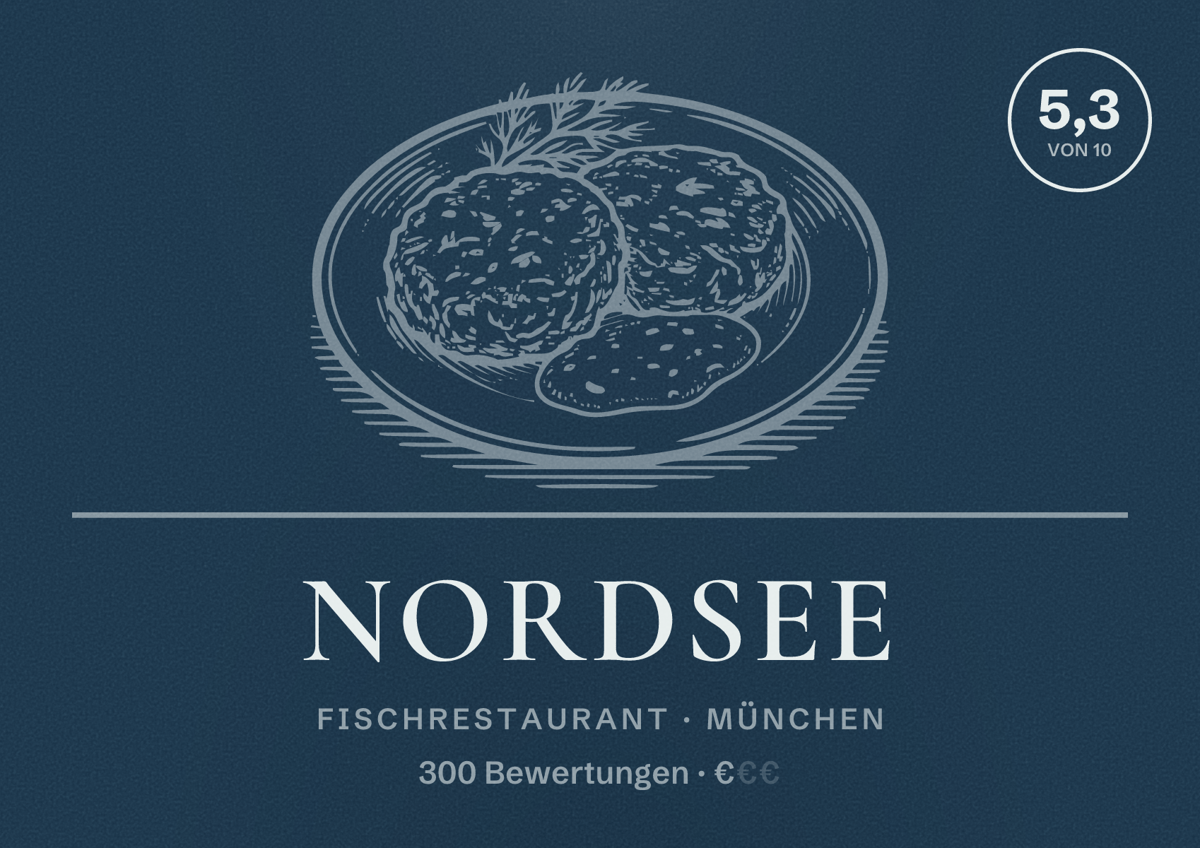 Illustriertes Poster von NORDSEE, Fischrestaurant in München: Bewertung 5,3 von 10 aus 300 Bewertungen, Preisniveau €