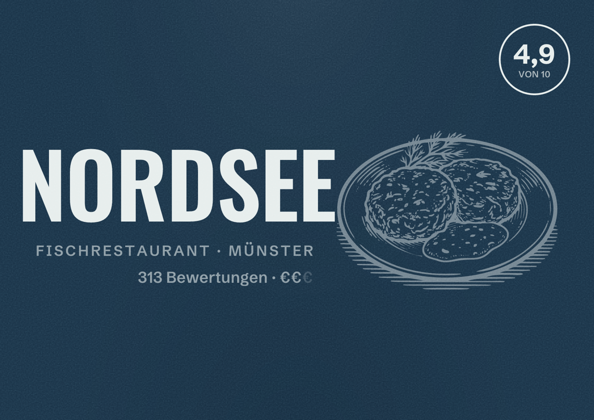 Illustriertes Poster von NORDSEE, Fischrestaurant in Münster: Bewertung 4,9 von 10 aus 313 Bewertungen, Preisniveau €€