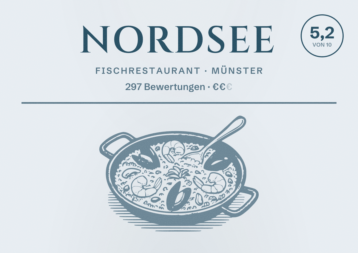 Illustriertes Poster von NORDSEE, Fischrestaurant in Münster: Bewertung 5,2 von 10 aus 297 Bewertungen, Preisniveau €€