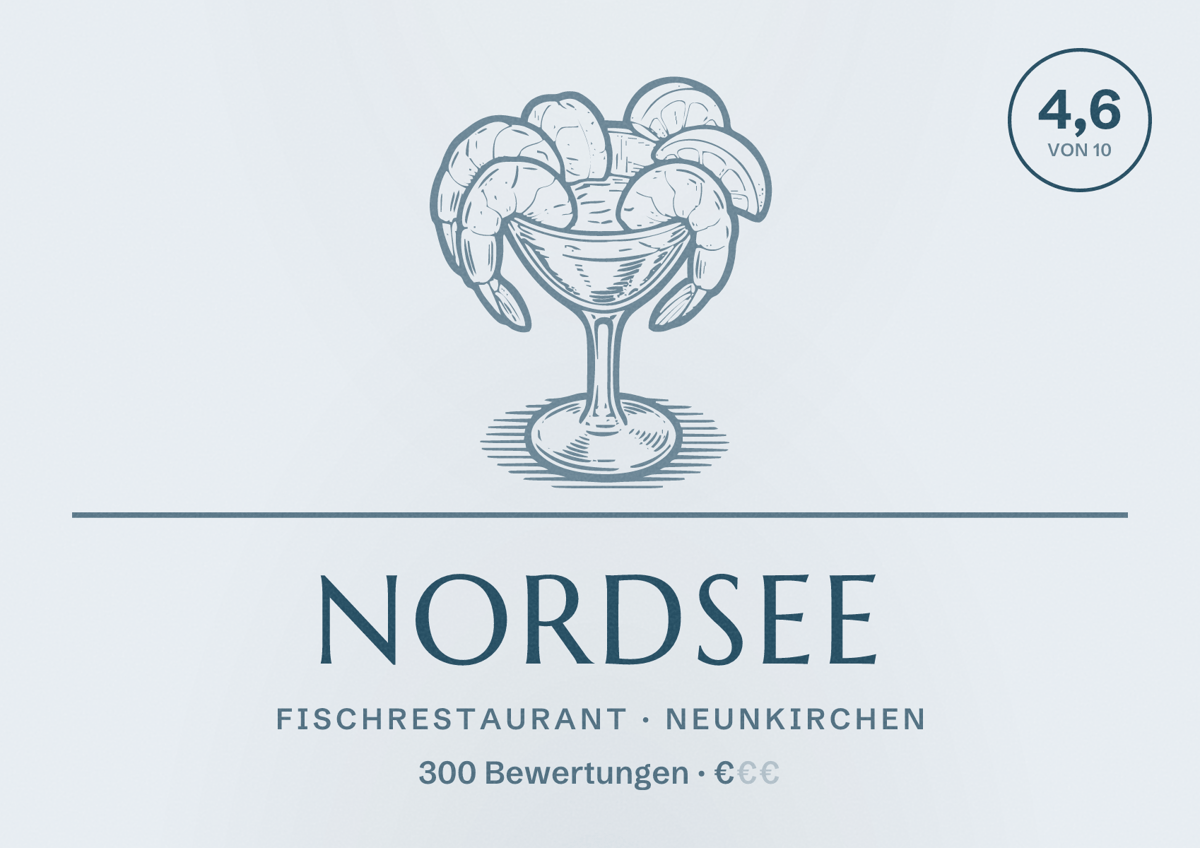 Illustriertes Poster von NORDSEE, Fischrestaurant in Neunkirchen: Bewertung 4,6 von 10 aus 300 Bewertungen, Preisniveau €