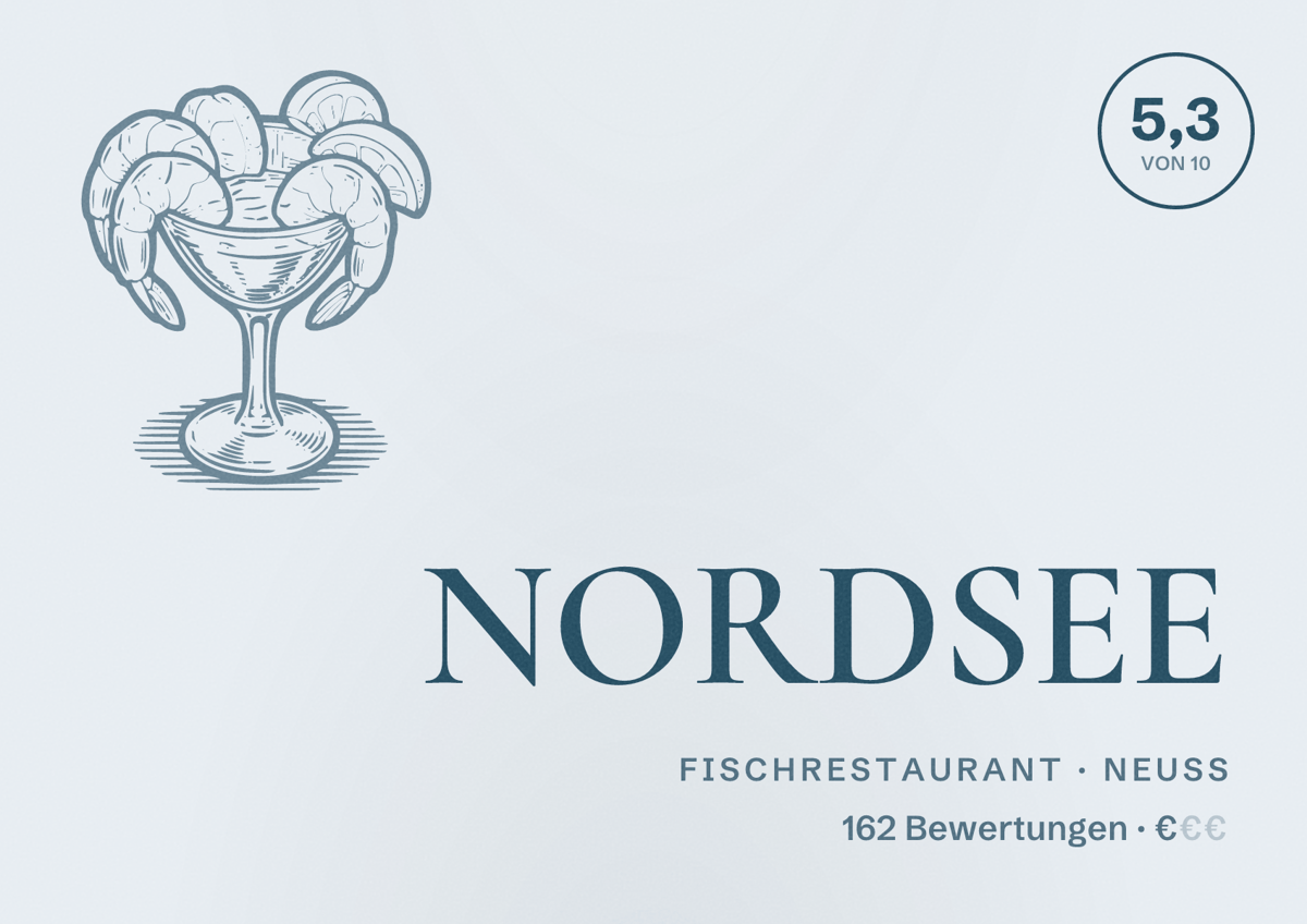 Illustriertes Poster von NORDSEE, Fischrestaurant in Neuss: Bewertung 5,3 von 10 aus 162 Bewertungen, Preisniveau €