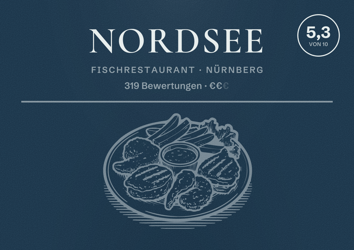 Illustriertes Poster von NORDSEE, Fischrestaurant in Nürnberg: Bewertung 5,3 von 10 aus 319 Bewertungen, Preisniveau €€
