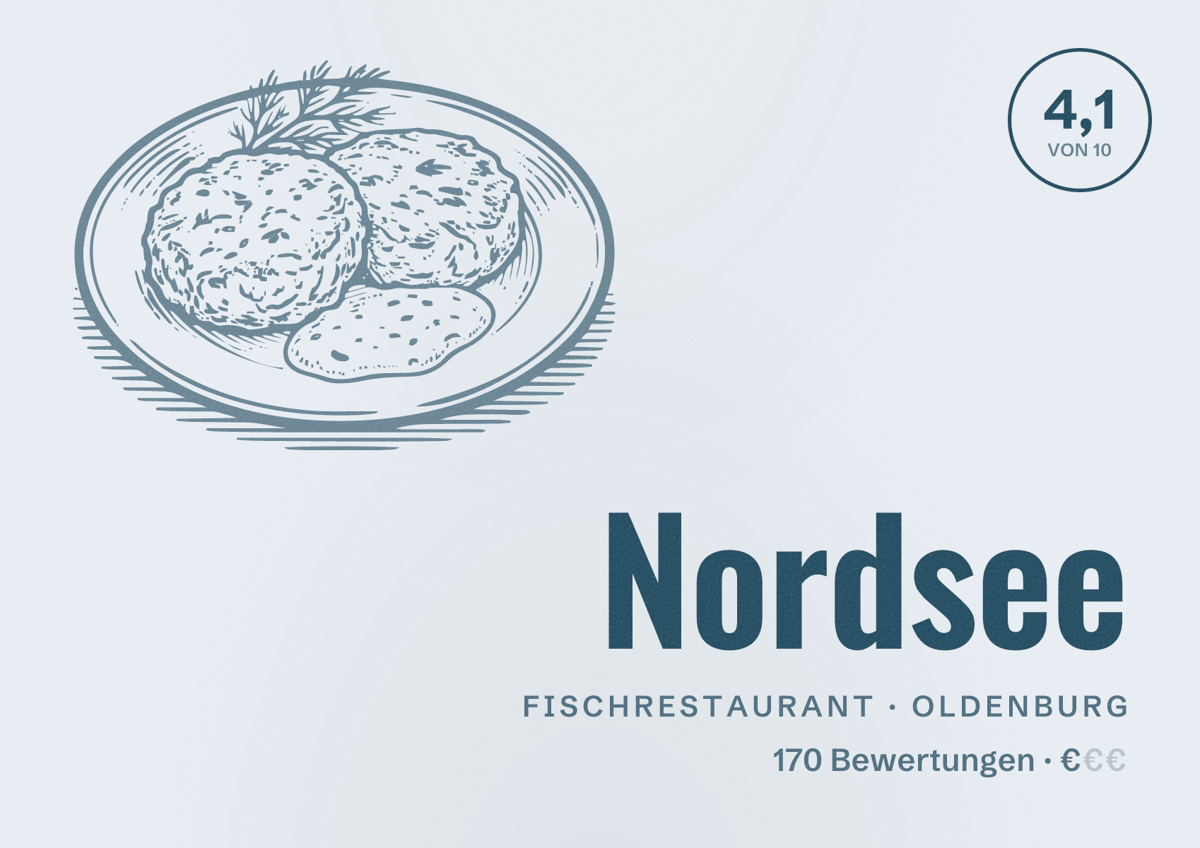 Illustriertes Poster von Nordsee, Fischrestaurant in Oldenburg: Bewertung 4,1 von 10 aus 170 Bewertungen, Preisniveau €