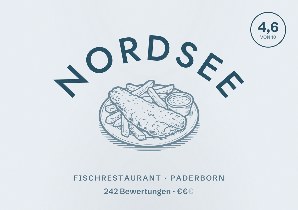Illustriertes Poster von NORDSEE, Fischrestaurant in Paderborn: Bewertung 4,6 von 10 aus 242 Bewertungen, Preisniveau €€