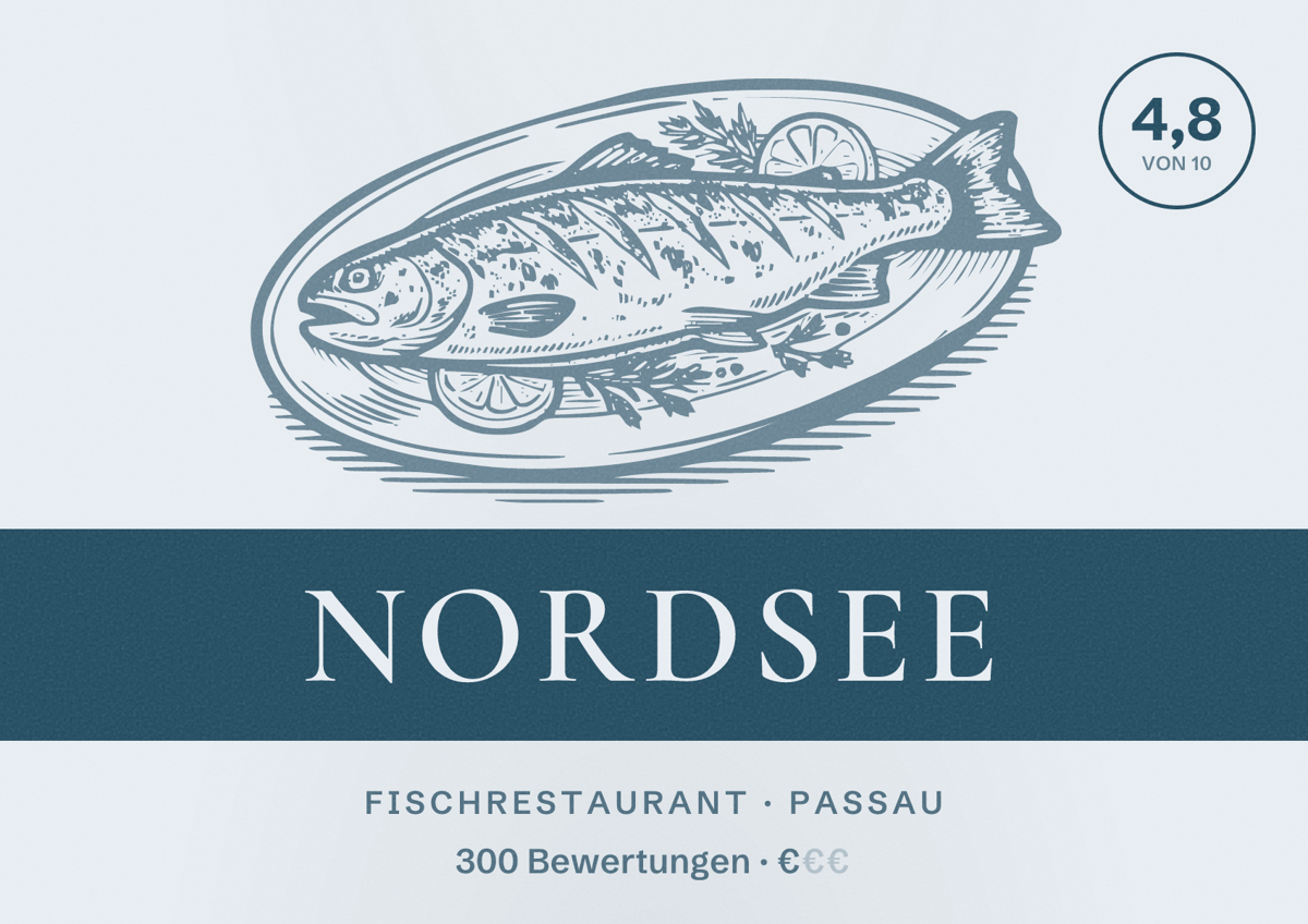 Illustriertes Poster von NORDSEE, Fischrestaurant in Passau: Bewertung 4,8 von 10 aus 300 Bewertungen, Preisniveau €
