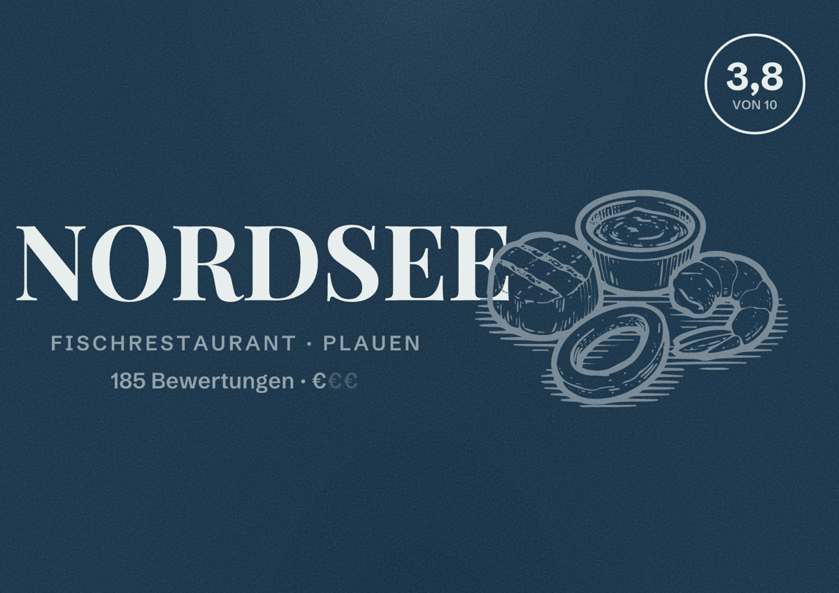 Illustriertes Poster von NORDSEE, Fischrestaurant in Plauen: Bewertung 3,8 von 10 aus 185 Bewertungen, Preisniveau €