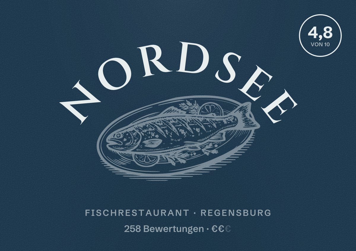 Illustriertes Poster von NORDSEE, Fischrestaurant in Regensburg: Bewertung 4,8 von 10 aus 258 Bewertungen, Preisniveau €€