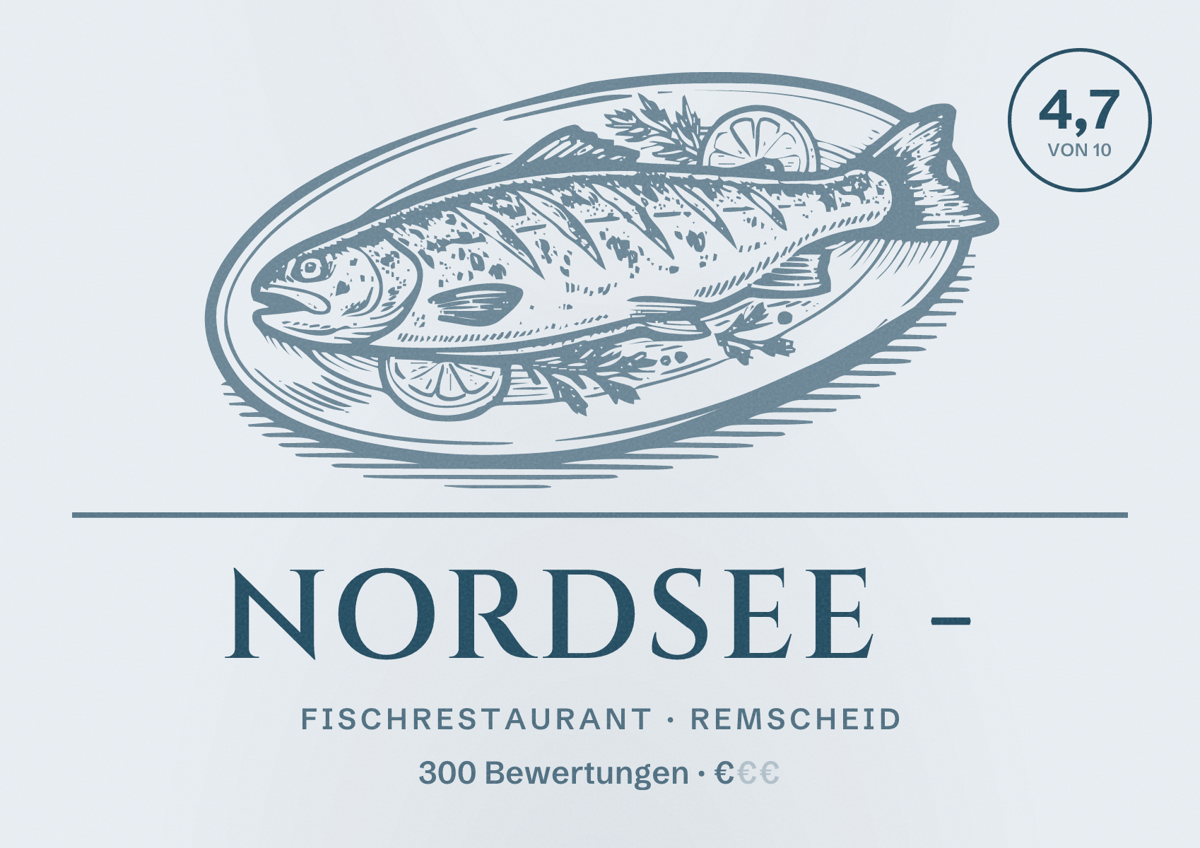 Illustriertes Poster von NORDSEE -, Fischrestaurant in Remscheid: Bewertung 4,7 von 10 aus 300 Bewertungen, Preisniveau €
