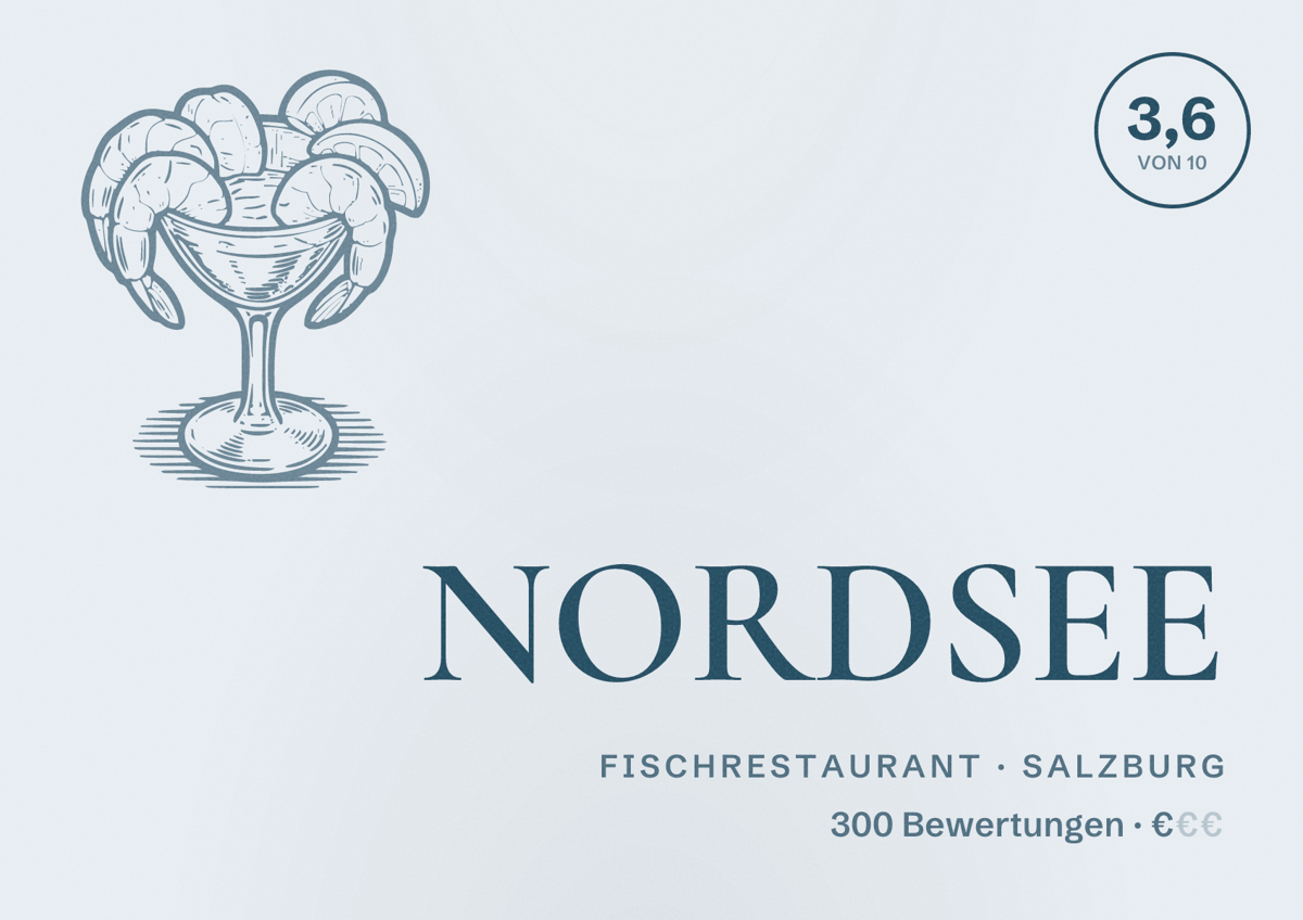 Illustriertes Poster von NORDSEE, Fischrestaurant in Salzburg: Bewertung 3,6 von 10 aus 300 Bewertungen, Preisniveau €