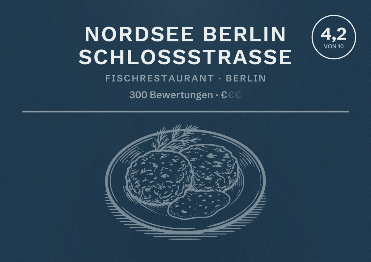 Illustriertes Poster von NORDSEE Berlin Schlossstraße, Fischrestaurant in Berlin: Bewertung 4,2 von 10 aus 300 Bewertungen, Preisniveau €