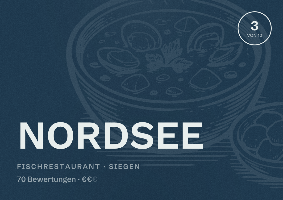 Illustriertes Poster von NORDSEE, Fischrestaurant in Siegen: Bewertung 3 von 10 aus 70 Bewertungen, Preisniveau €€