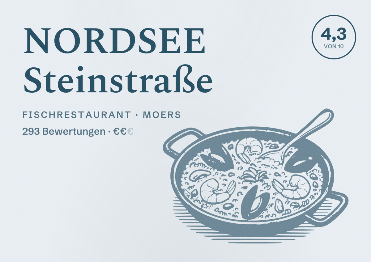 Illustriertes Poster von NORDSEE Steinstraße, Fischrestaurant in Moers: Bewertung 4,3 von 10 aus 293 Bewertungen, Preisniveau €€
