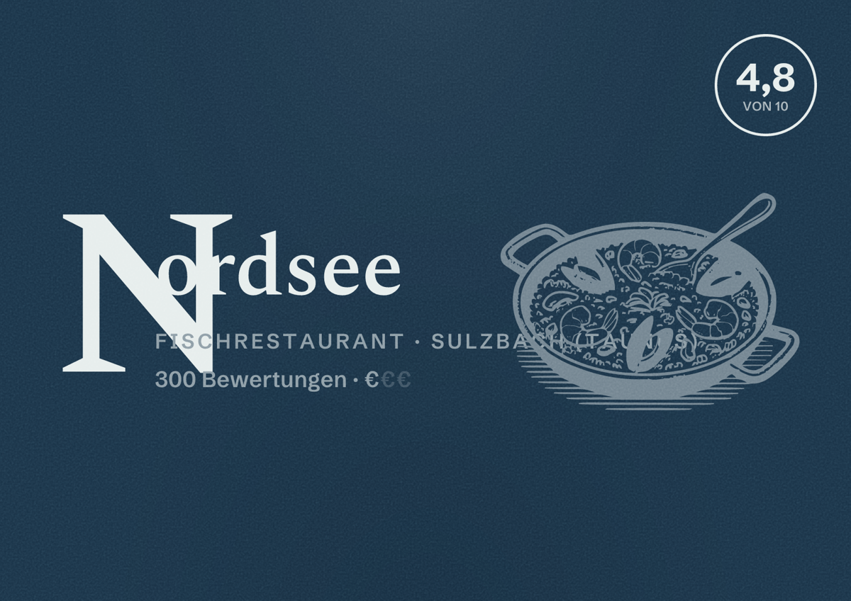 Illustriertes Poster von Nordsee, Fischrestaurant in Sulzbach (Taunus): Bewertung 4,8 von 10 aus 300 Bewertungen, Preisniveau €