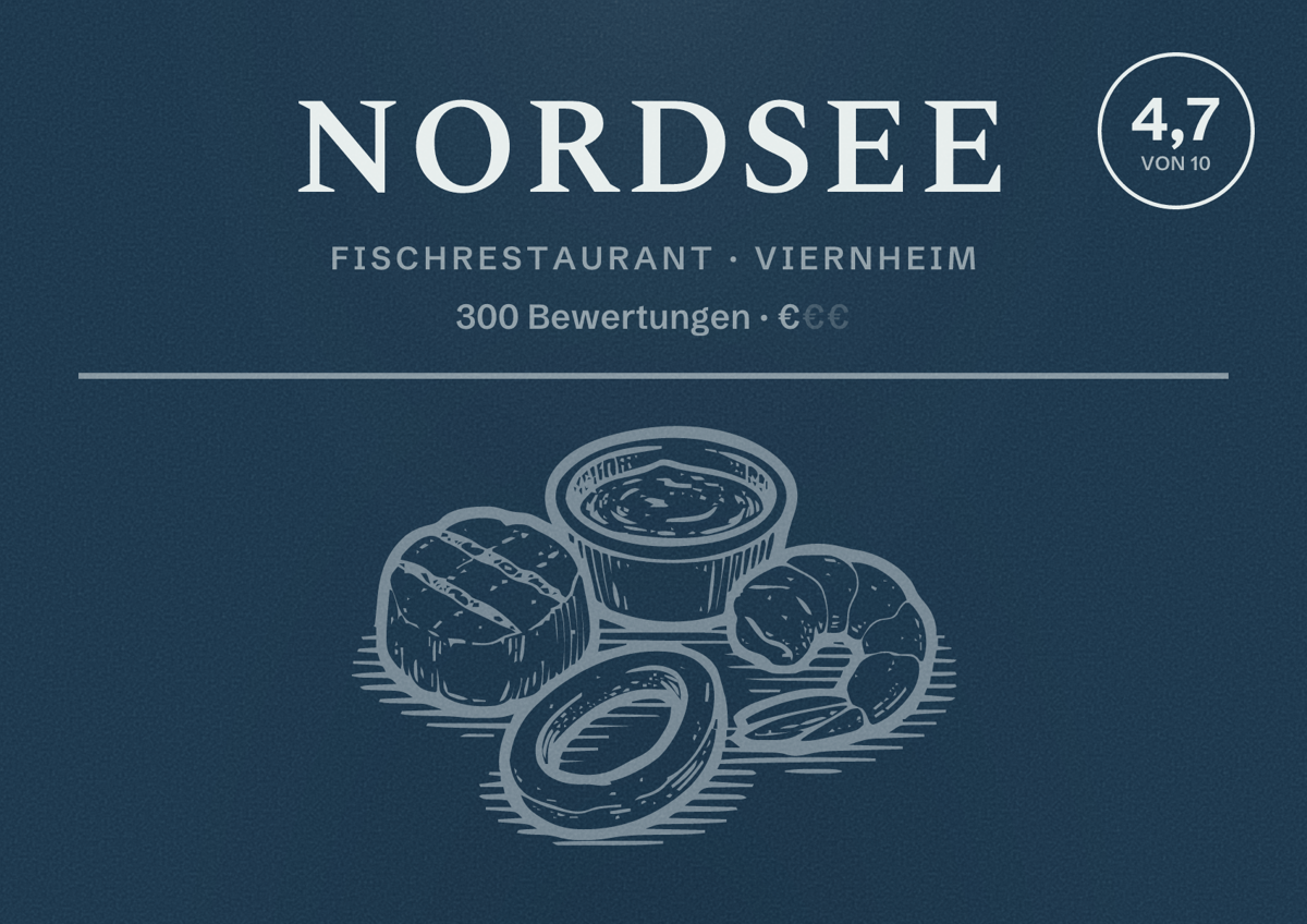 Illustriertes Poster von NORDSEE, Fischrestaurant in Viernheim: Bewertung 4,7 von 10 aus 300 Bewertungen, Preisniveau €
