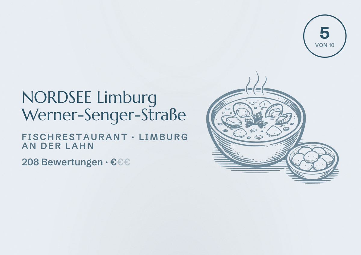 Illustriertes Poster von NORDSEE Limburg Werner-Senger-Straße, Fischrestaurant in Limburg an der Lahn: Bewertung 5 von 10 aus 208 Bewertungen, Preisniveau €