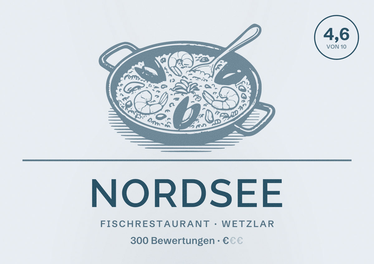 Illustriertes Poster von NORDSEE, Fischrestaurant in Wetzlar: Bewertung 4,6 von 10 aus 300 Bewertungen, Preisniveau €