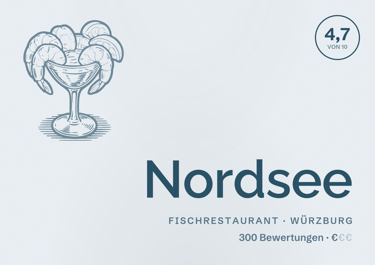Illustriertes Poster von Nordsee, Fischrestaurant in Würzburg: Bewertung 4,7 von 10 aus 300 Bewertungen, Preisniveau €