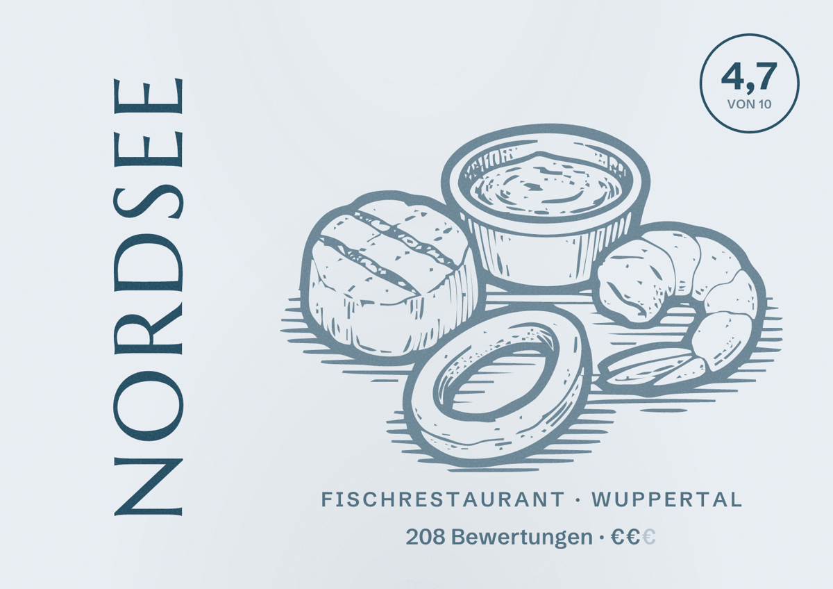 Illustriertes Poster von NORDSEE, Fischrestaurant in Wuppertal: Bewertung 4,7 von 10 aus 208 Bewertungen, Preisniveau €€