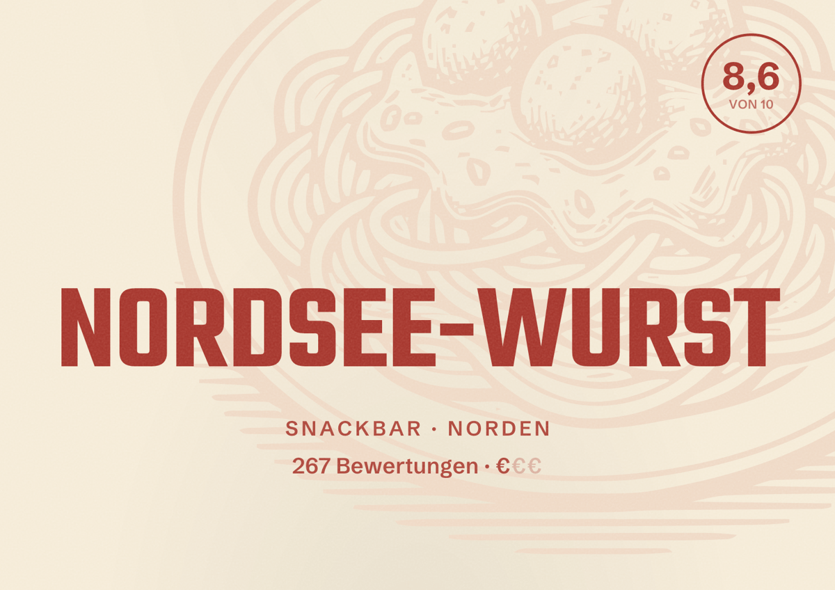 Illustriertes Poster von NORDSEE-WURST, Snackbar in Norden: Bewertung 8,6 von 10 aus 267 Bewertungen, Preisniveau €